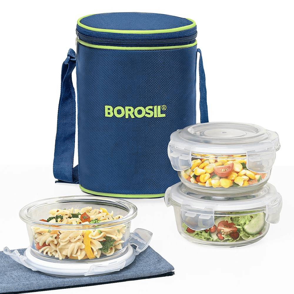 Borosil Blue Glass Lunchbox Set of 3- Blue - (400ml x 3 )
